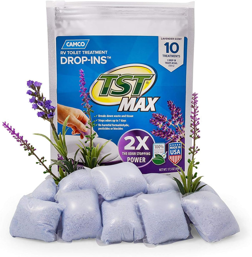 Camco TST MAX RV Toilet Treatment Drop-INs - Control Unwanted Odors & Break Down Waste and Tissue - Safe Septic Tank Treatment - Orange Scent, 30-Pack (41183)