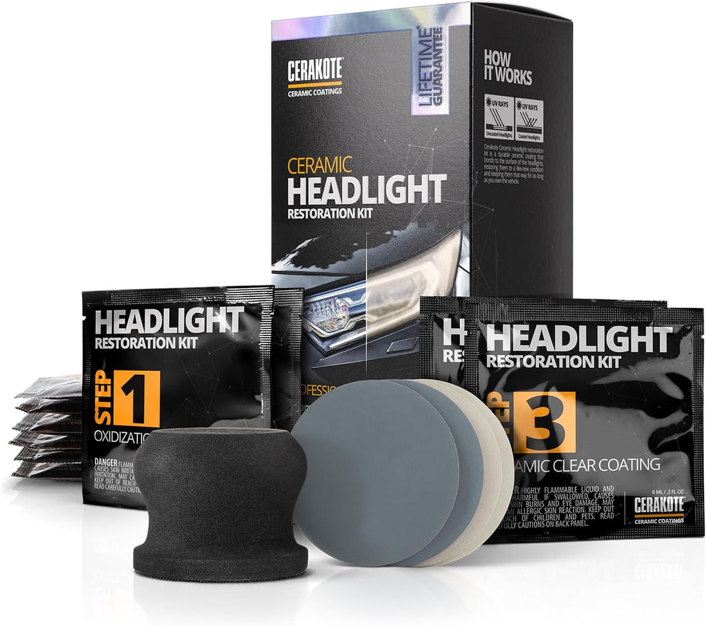 CERAKOTE® Ceramic Headlight Restoration Kit – Guaranteed To Last As Long As You Own Your Vehicle – Brings Headlights Back to Like New Condition - No Power Tools Required - 10 Wipe Kit