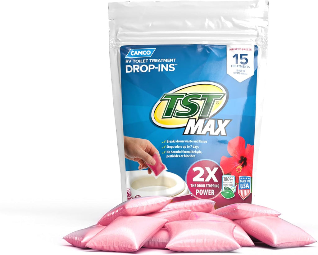 Camco TST MAX RV Toilet Treatment Drop-INs - Control Unwanted Odors & Break Down Waste and Tissue - Safe Septic Tank Treatment - Orange Scent, 30-Pack (41183)