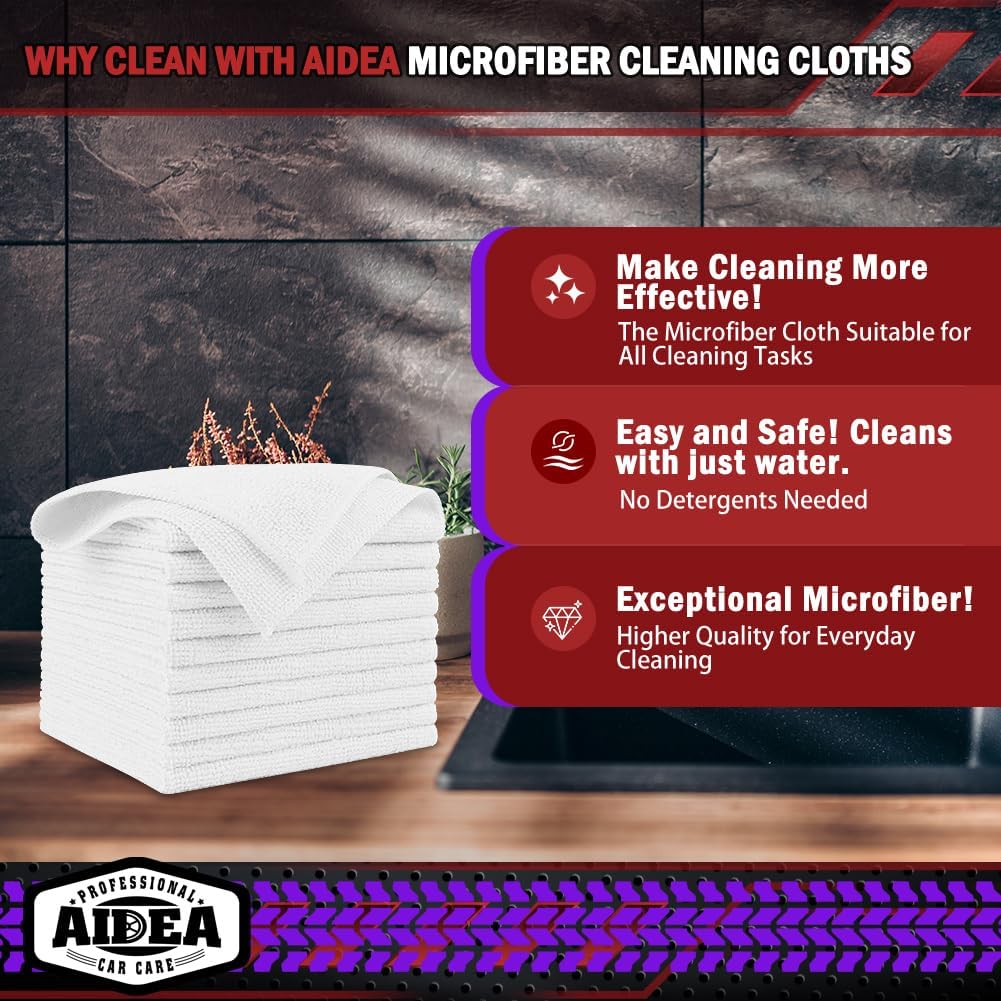 AIDEA Microfiber Cleaning Cloth, 50PK, Microfiber Towels for Cars, Premium All Purpose Car Cloths, Dusting Cloth Cleaning Rags, Absorbent Towels for SUVs, House, Kitchen, Window, 12"×12"