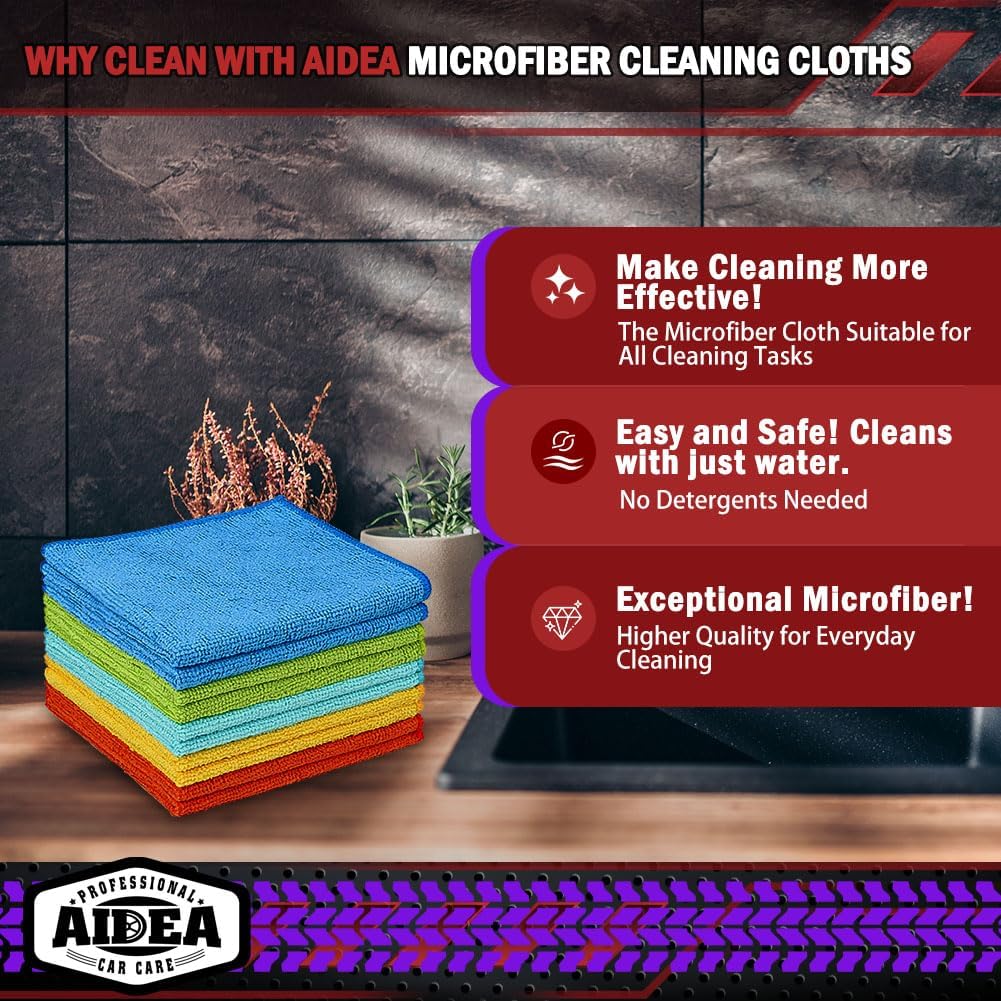 AIDEA Microfiber Cleaning Cloth, 50PK, Microfiber Towels for Cars, Premium All Purpose Car Cloths, Dusting Cloth Cleaning Rags, Absorbent Towels for SUVs, House, Kitchen, Window, 12"×12"