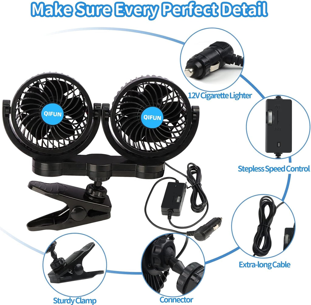 Car Fan Adjustable Dual Head 12V 360° Rotatable 4 Inches Car Clip Fan for Front/Rear Seat Passenger Car Essentials Cooler with Stepless Speed Regulation for Vehicle SUV, RV
