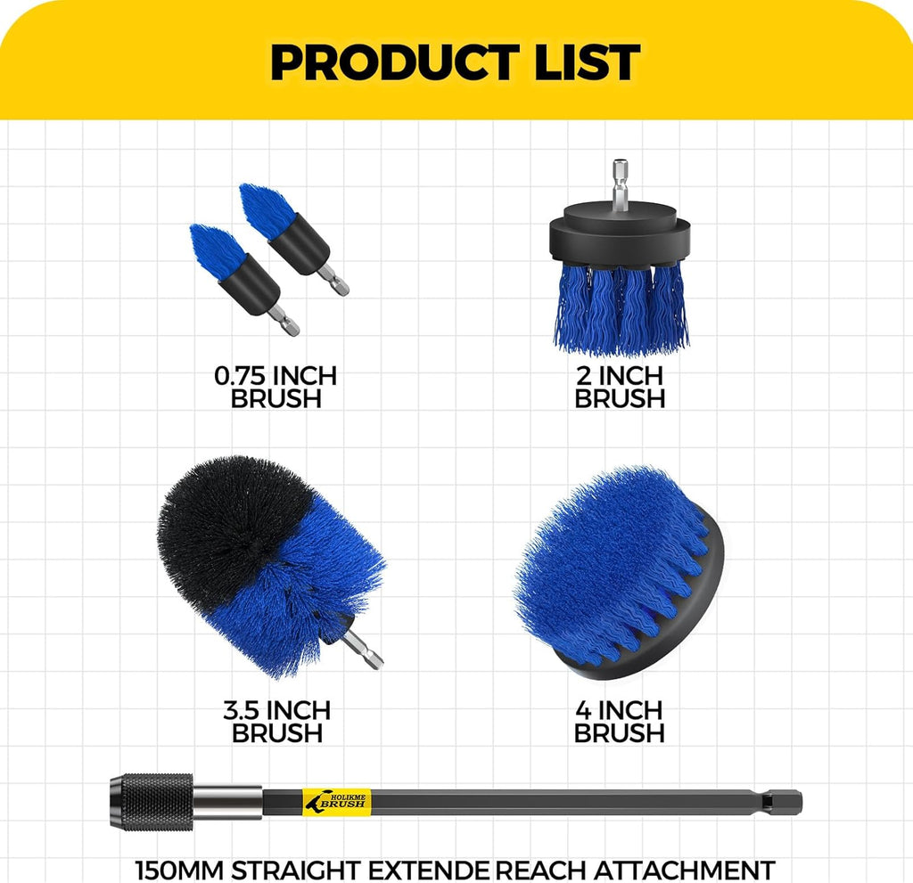 Holikme 6Pack Drill Brush Power Scrubber Cleaning Brush Extended Long Attachment Set All Purpose Drill Scrub Brushes Kit for Grout, Floor, Tub, Shower, Tile, Bathroom and Kitchen Surface，Yellow