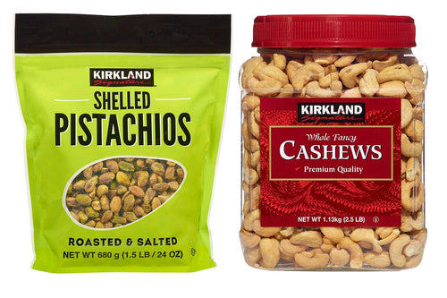Kirkland Signature Shelled Pistachios and Cashews Bundle - Includes Kirkland Signature Shelled Pistachios (1.5 LB) and Whole Fancy Cashews (2.5 LB)