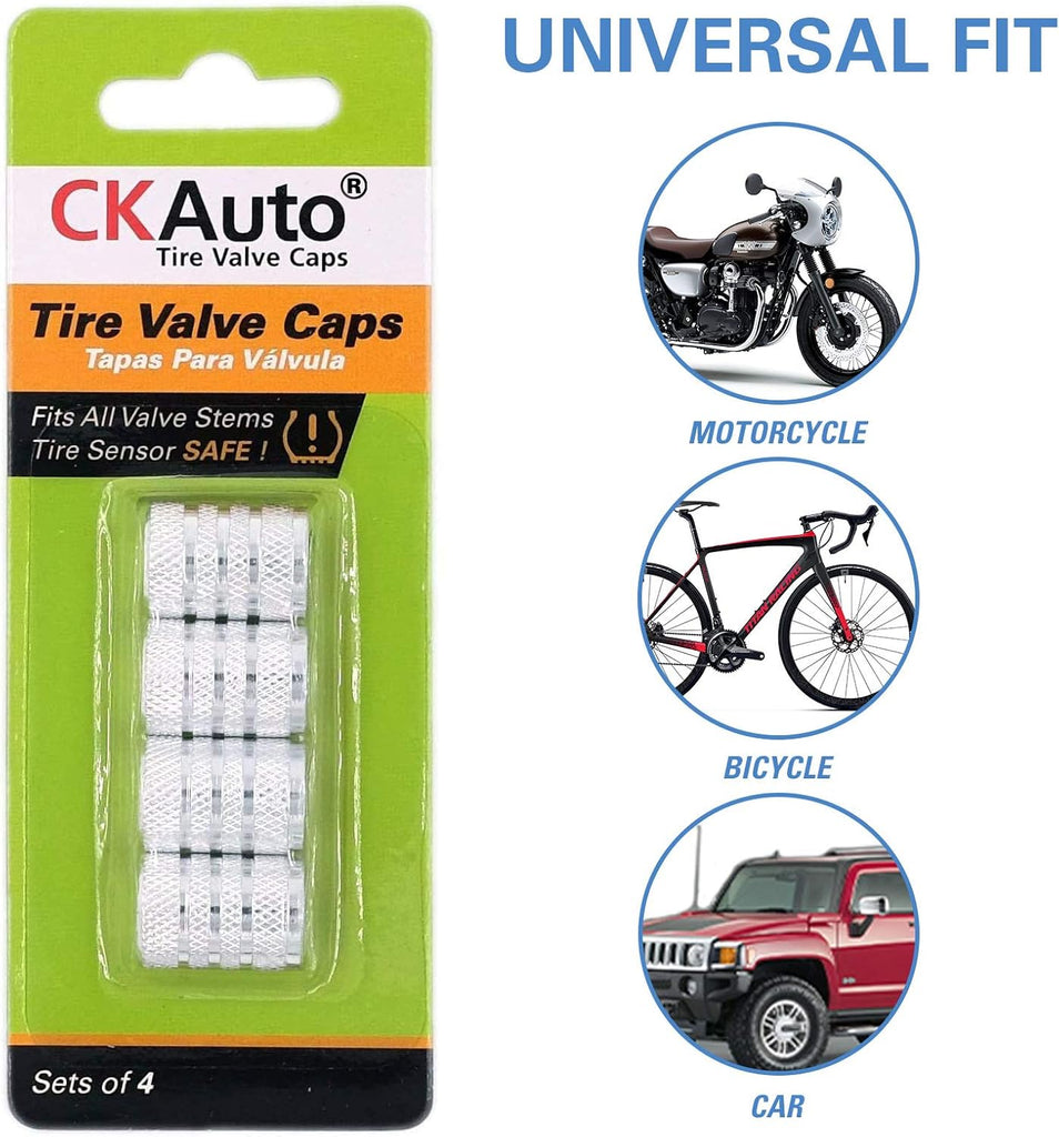 CKAuto Tire Valve Stem Caps, Black, 4 pcs/Pack, Anodized Aluminum Tire Valve Cap Set, Corrosion Resistant, Universal Stem Covers for Cars Trucks Motorcycles SUVs and Bikes