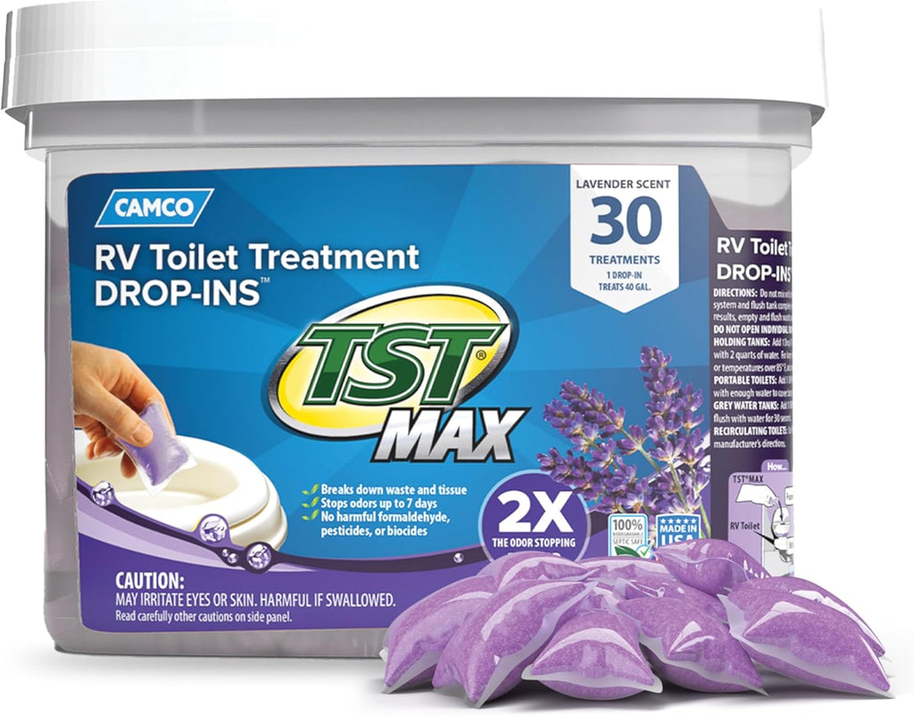 Camco TST MAX RV Toilet Treatment Drop-INs - Control Unwanted Odors & Break Down Waste and Tissue - Safe Septic Tank Treatment - Orange Scent, 30-Pack (41183)