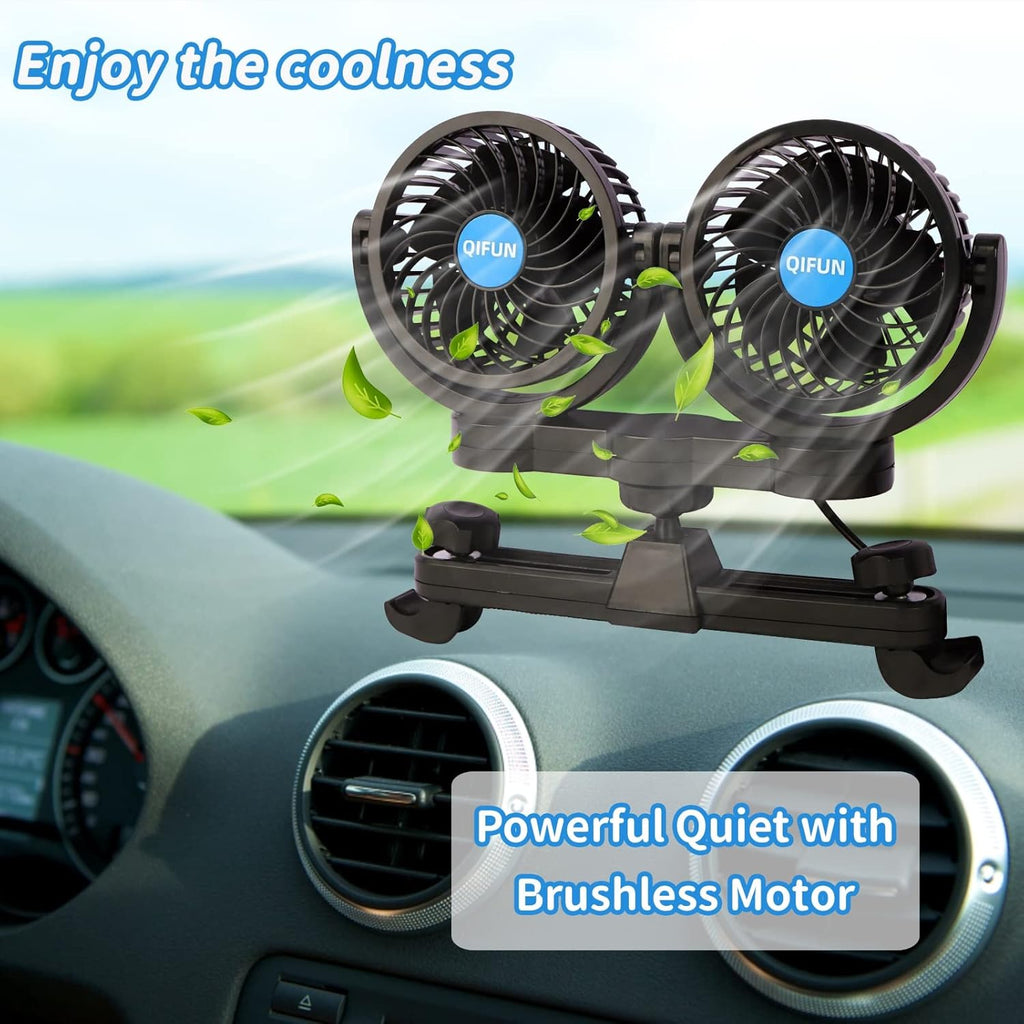 Car Fan Adjustable Dual Head 12V 360° Rotatable 4 Inches Car Clip Fan for Front/Rear Seat Passenger Car Essentials Cooler with Stepless Speed Regulation for Vehicle SUV, RV