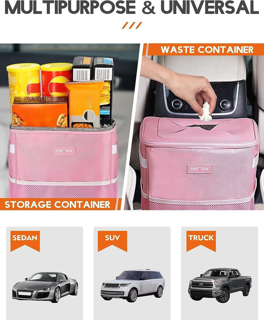 HOTOR Car Trash Can with Lid and Storage Pockets - 100% Leak-Proof Organizer, Waterproof Garbage Can, Multipurpose Trash Bin for Car, 2 Gallons, Black