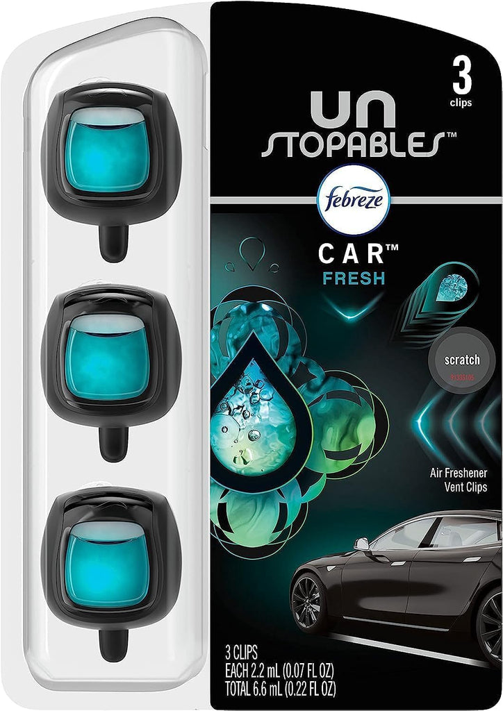 Febreze Unstopables Car Odor-Fighting Car Freshener Vent Clip Fresh Scent, .07 oz. Car Vent Clip, Pack of 4 (Packaging may vary)