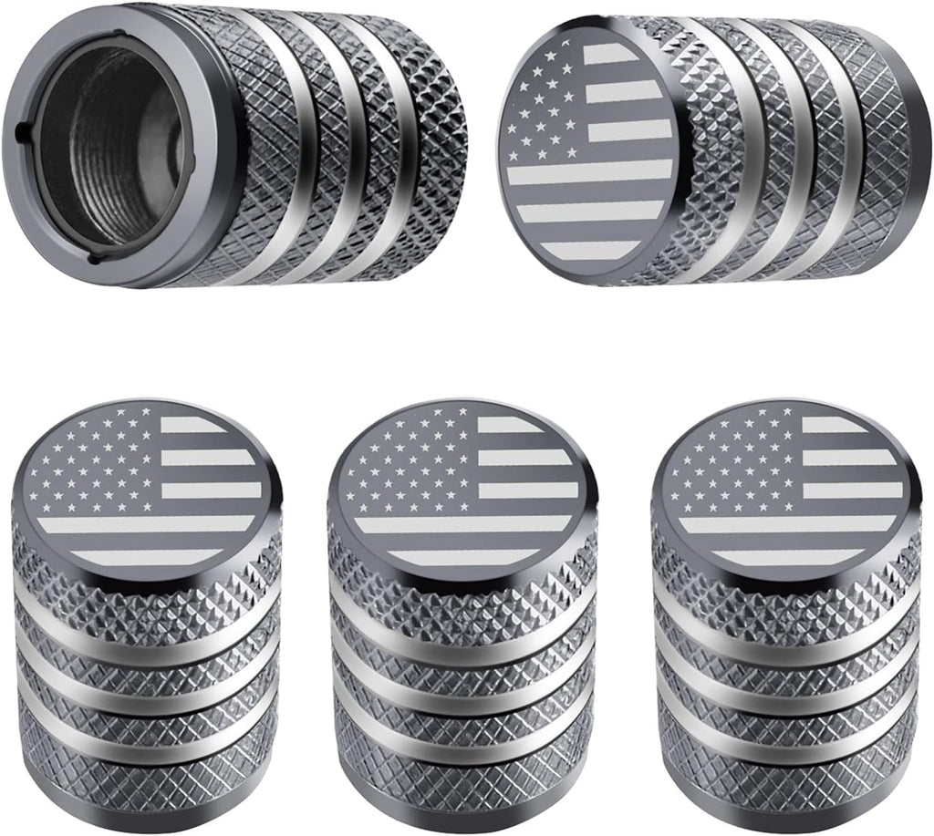 Tire Valve Stem Cap Cover - (5 Pack) Tire Air Cap Metal with Plastic Liner Corrosion Resistant Leak-Proof American Flag for Car Truck Motorcycle Bike Black