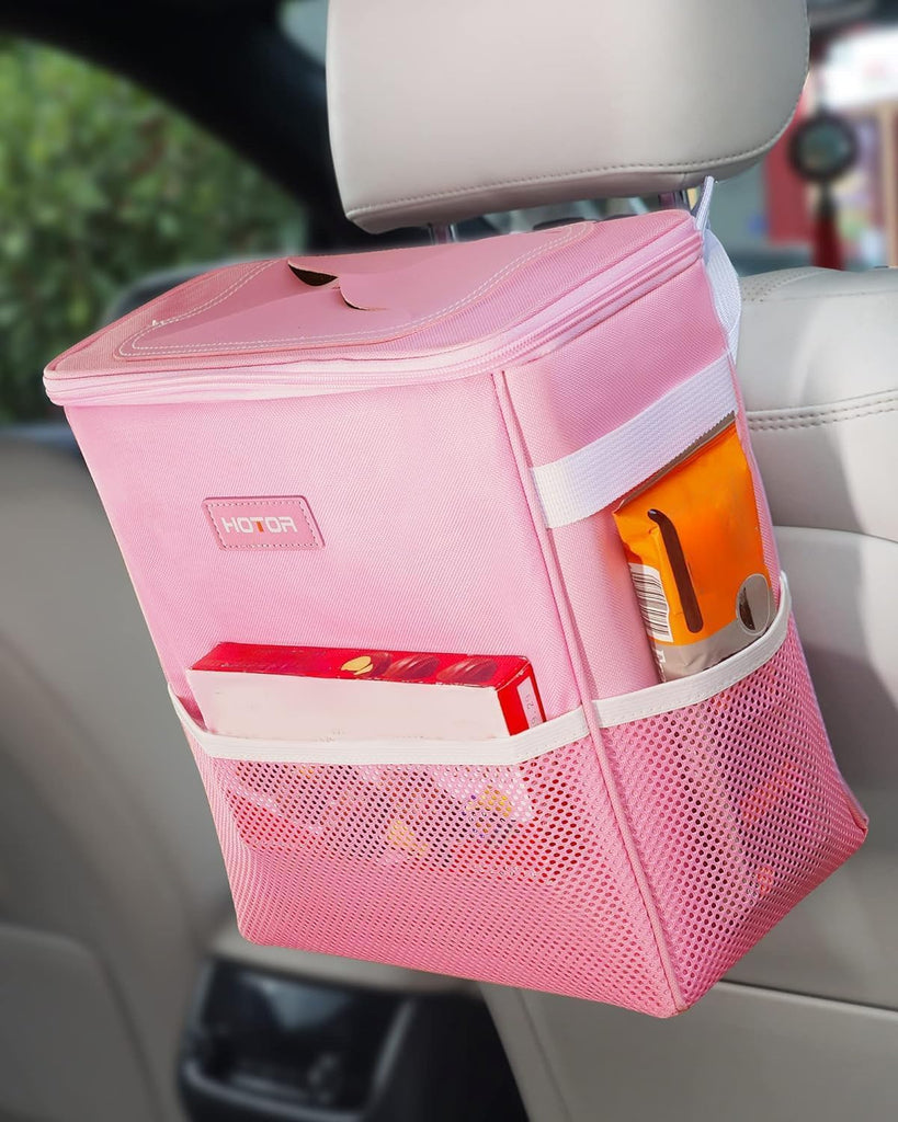 HOTOR Car Trash Can with Lid and Storage Pockets - 100% Leak-Proof Organizer, Waterproof Garbage Can, Multipurpose Trash Bin for Car, 2 Gallons, Black