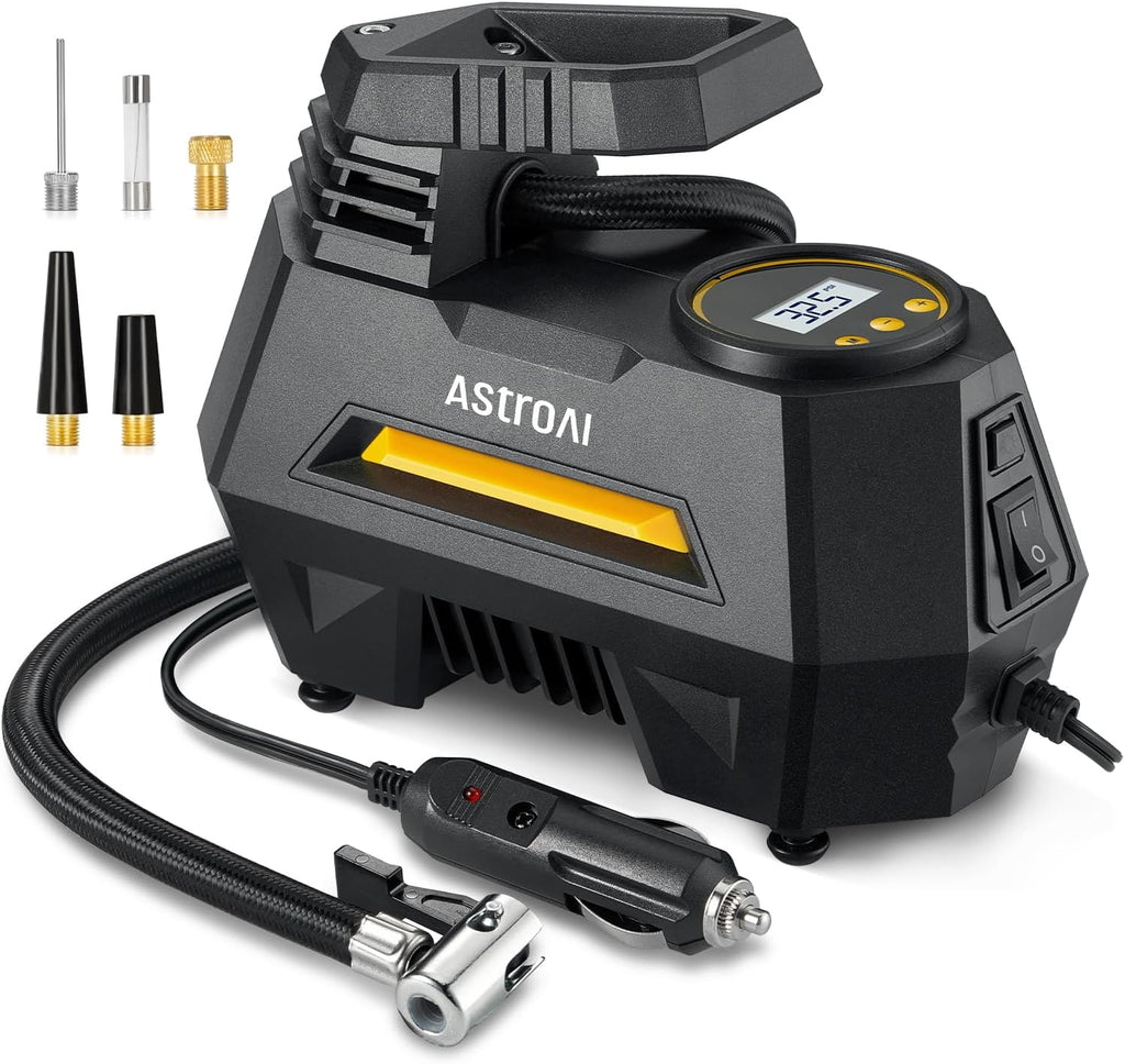 AstroAI Tire Inflator Portable Air Compressor Tire Air Pump for Car Tires - Car Accessories, 12V DC Auto Pump with Digital Pressure Gauge, Emergency LED Light for Bicycle, Balloons, Yellow