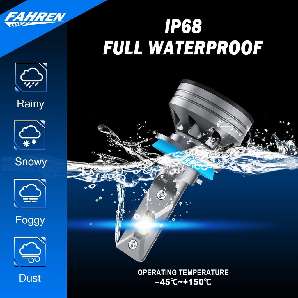FAHREN H1 Fog Bulbs, 28000LM Brightness 1:1 Mini Size No Adapter Needed Plug & Play, 6500k White with 16 CSP Chips, Canbus Ready Non-Polarity H1 Light Bulb with Turbo Fan, IP68 Waterproof Pack of 2