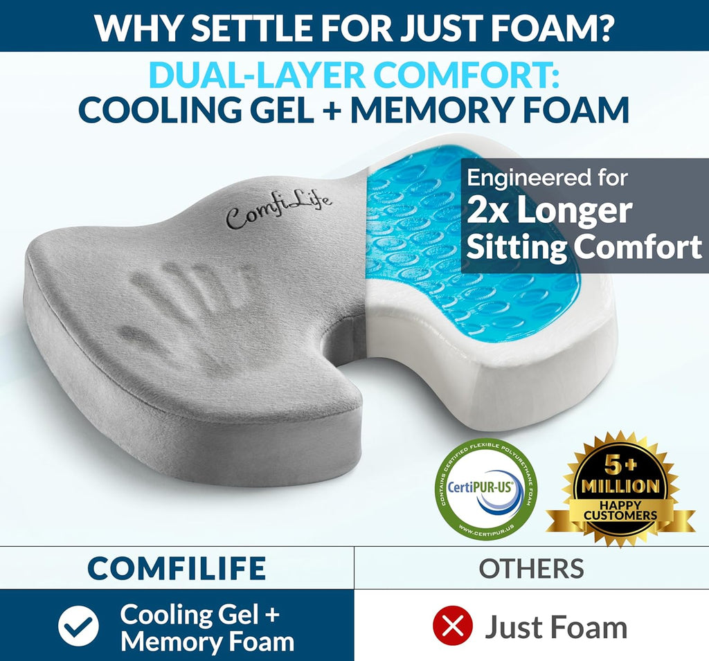 ComfiLife Premium Gel & Memory Foam Seat Cushion – Doctor Recommended Office Chair Cushion, Car Seat Cushion – Chair Cushions for Back & Sciatica Pain Relief – Seat Cushions for Office & Desk (Beige)