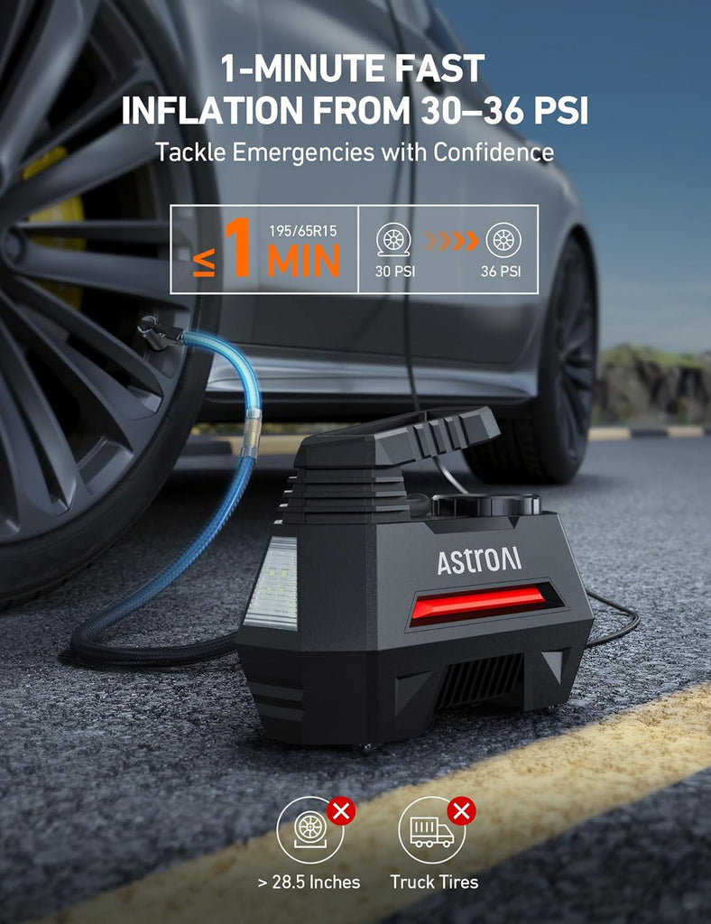 AstroAI Tire Inflator Portable Air Compressor Tire Air Pump for Car Tires - Car Accessories, 12V DC Auto Pump with Digital Pressure Gauge, Emergency LED Light for Bicycle, Balloons, Yellow