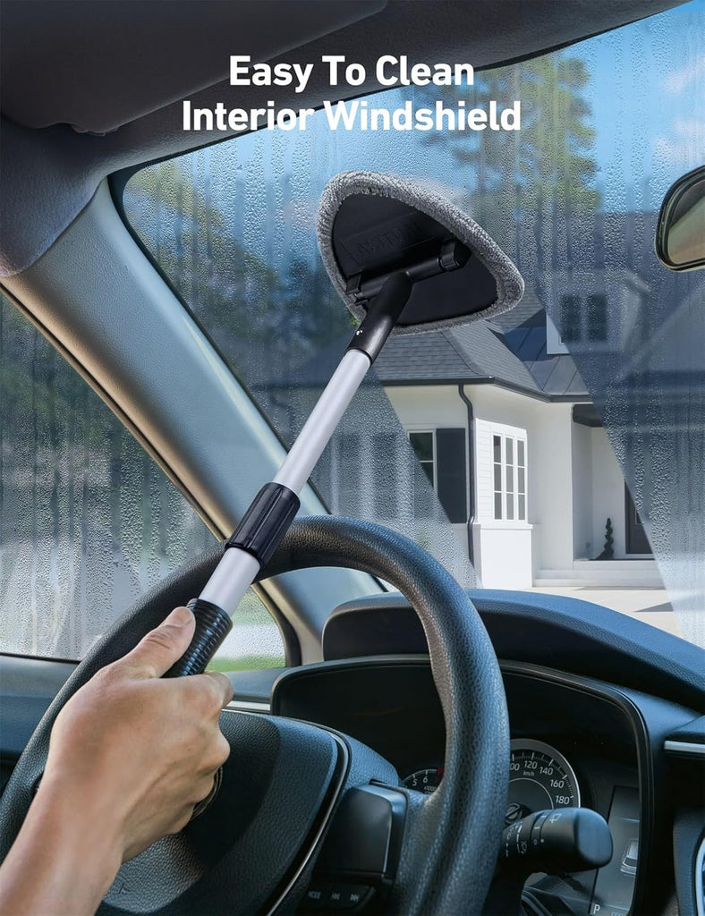 AstroAI Windshield Cleaner Tool, Car Interior Detailing Cleaning Kit with Extendable Handle and 4 Reusable Microfiber Pads, Auto Glass Wiper Brush Kit, Cars, Trucks, SUVs, Gray