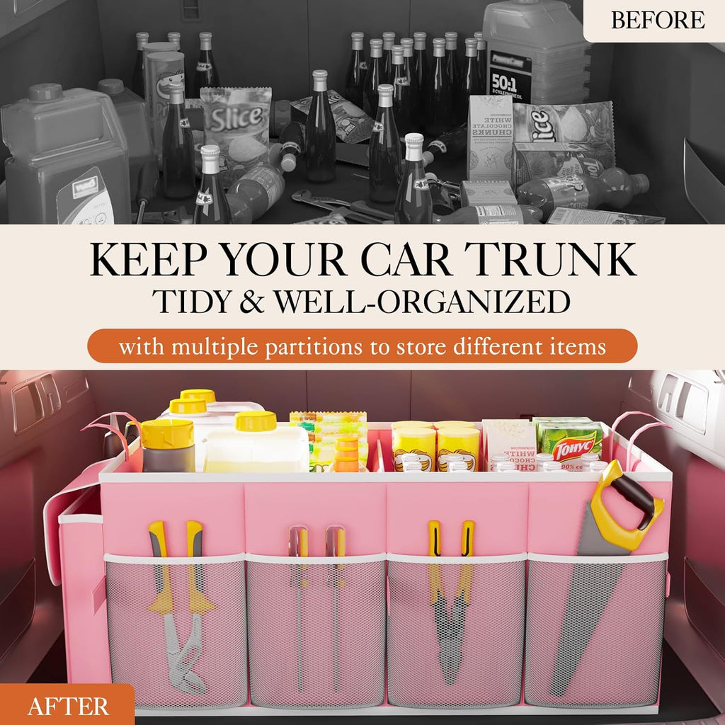 HOTOR Trunk Organizer - Car Organizer, Foldable Trunk organizer for SUVs & Sedans, Sturdy Car Organization for Car Accessories, Tools, Sundries, Black, 2 Compartments, 21.3"×12.6"×10.6"
