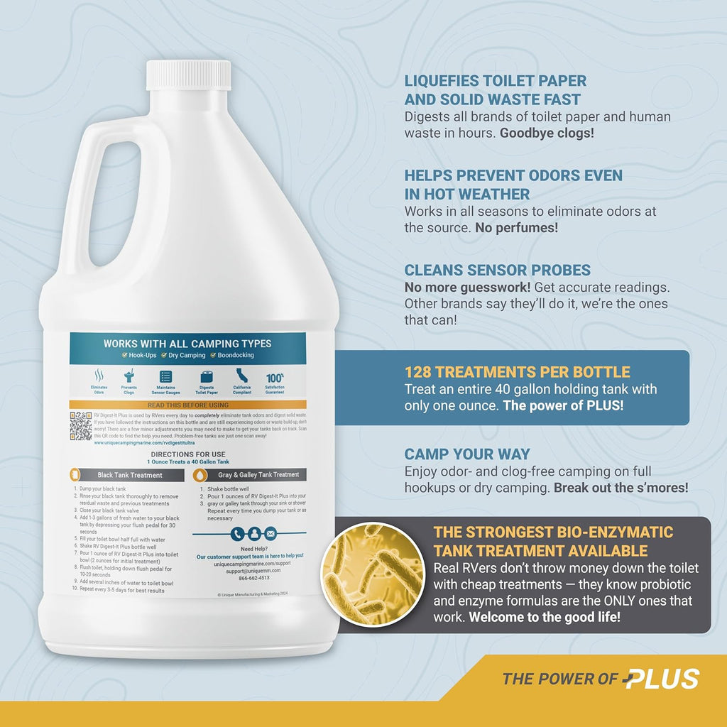 Unique RV Digest-It+ Extra-Strength Ultra-Concentrate - 32 RV Toilet Treatments - Eliminates Smells and Liquifies Waste (32 oz)