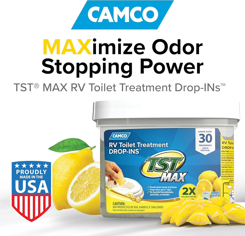 Camco TST MAX RV Toilet Treatment Drop-INs - Control Unwanted Odors & Break Down Waste and Tissue - Safe Septic Tank Treatment - Orange Scent, 30-Pack (41183)
