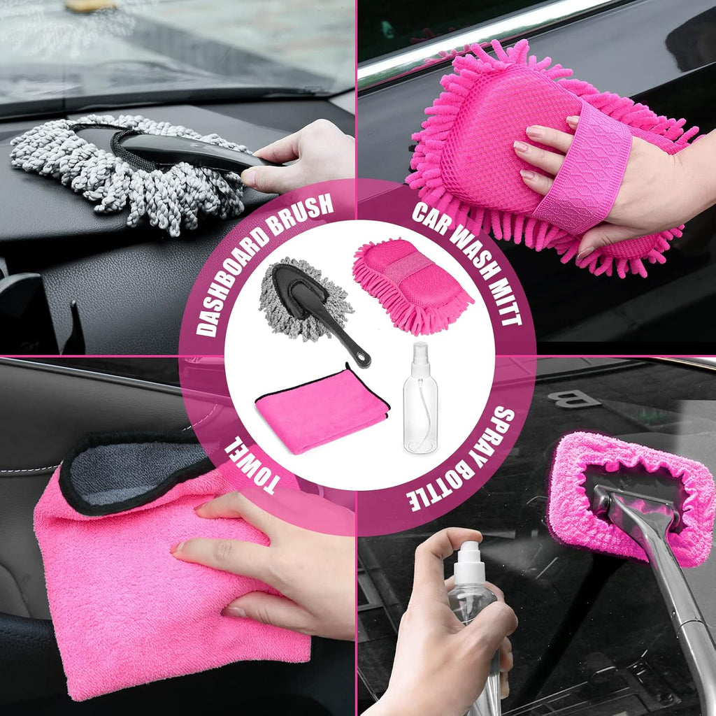 Viewsun 17pcs Car Cleaning Kit, Pink Car Interior Detailing Kit with High Power Handheld Vacuum, Detailing Brush Set, Windshield Cleaner, Cleaning Gel, Complete Auto Accessories for Women Gift