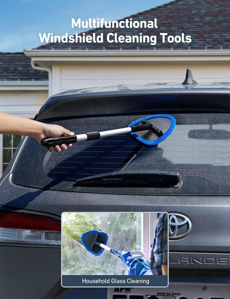 AstroAI Windshield Cleaner Tool, Car Interior Detailing Cleaning Kit with Extendable Handle and 4 Reusable Microfiber Pads, Auto Glass Wiper Brush Kit, Cars, Trucks, SUVs, Gray
