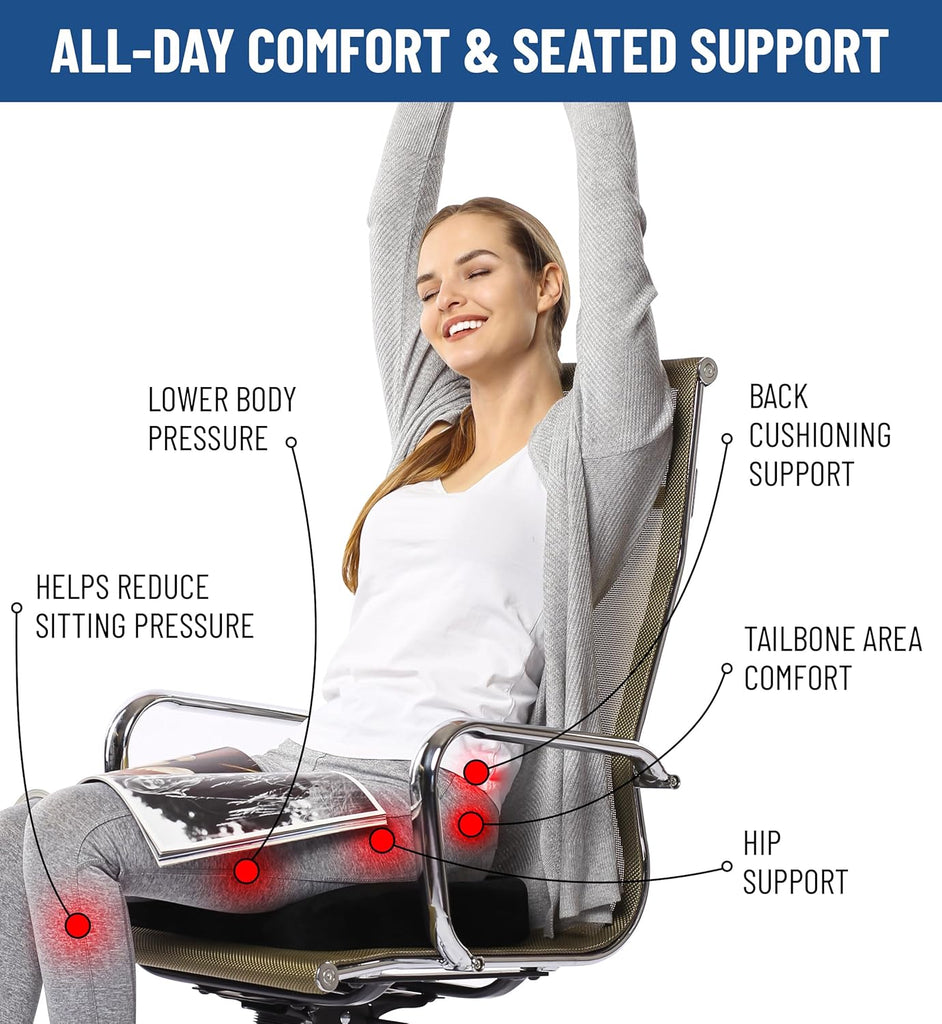 Everlasting Comfort Doctor Recommended Memory Foam Seat Cushion for Office Chairs & Car Seat - Ergonomic Office Desk Accessories for Tailbone Pain Relief, Sciatica & Back Support