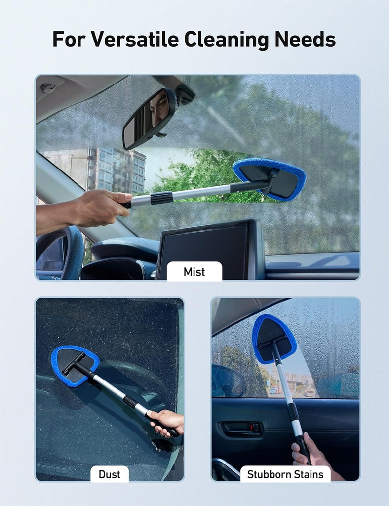 AstroAI Windshield Cleaner Tool, Car Interior Detailing Cleaning Kit with Extendable Handle and 4 Reusable Microfiber Pads, Auto Glass Wiper Brush Kit, Cars, Trucks, SUVs, Gray