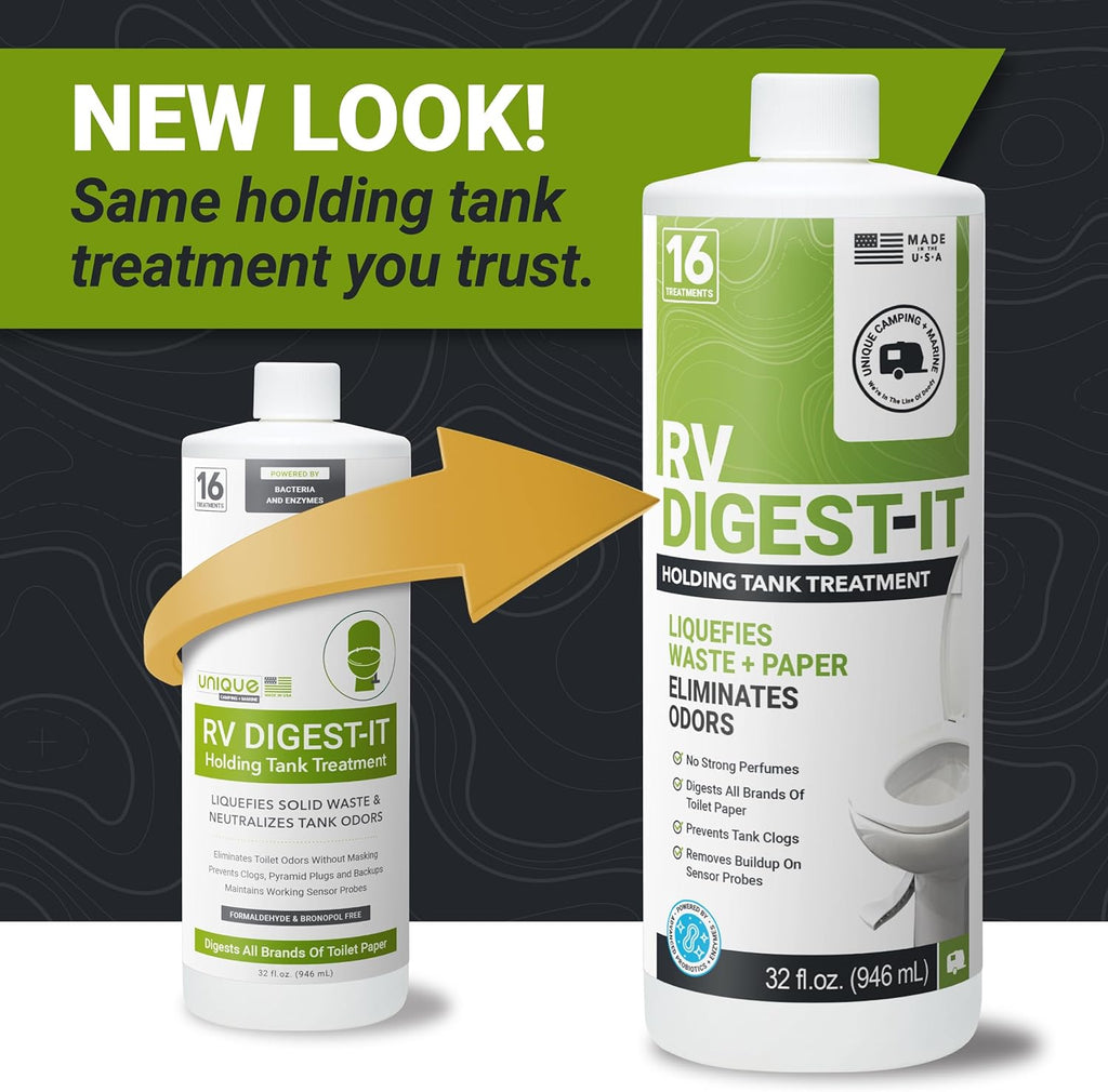 Unique RV Digest-It+ Extra-Strength Ultra-Concentrate - 32 RV Toilet Treatments - Eliminates Smells and Liquifies Waste (32 oz)