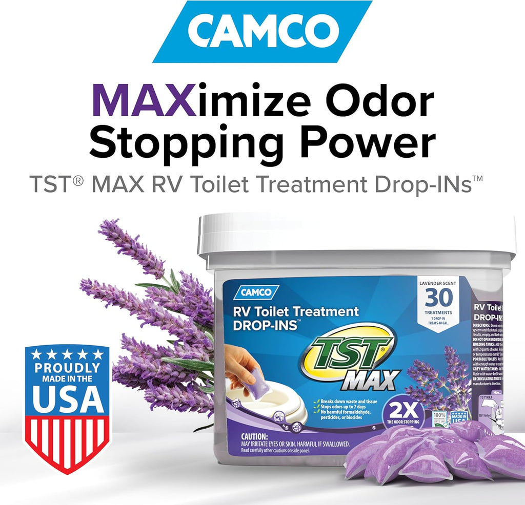 Camco TST MAX RV Toilet Treatment Drop-INs - Control Unwanted Odors & Break Down Waste and Tissue - Safe Septic Tank Treatment - Orange Scent, 30-Pack (41183)
