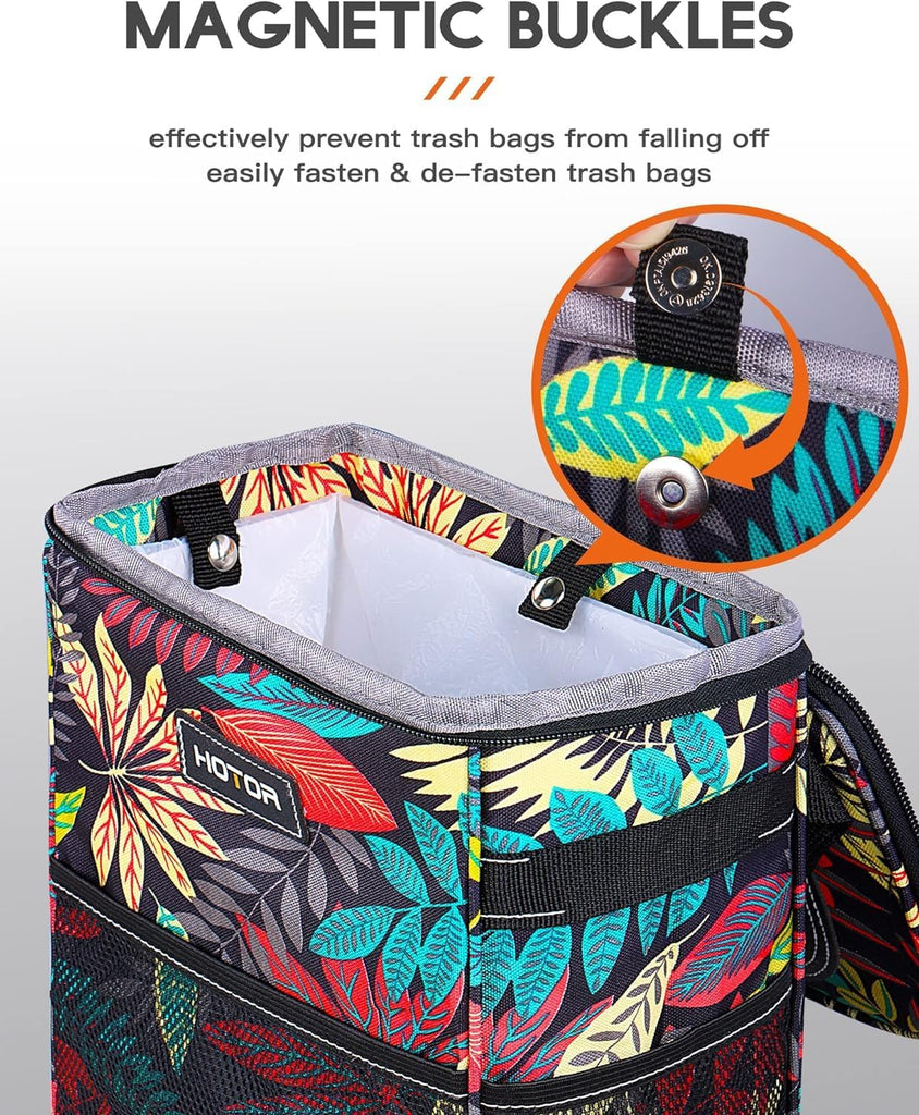 HOTOR Car Trash Can with Lid and Storage Pockets - 100% Leak-Proof Organizer, Waterproof Garbage Can, Multipurpose Trash Bin for Car, 2 Gallons, Black