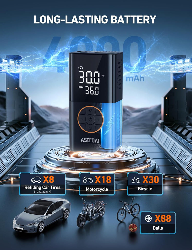 AstroAI L7 Tire Inflator Portable Air Compressor Cordless Mini Bike Pump with Digital Dual Values Display, 150 PSI Car Tires Air Pump with LED Lights&Pressure Gauge for Auto, Motorcycles, Bikes, Balls