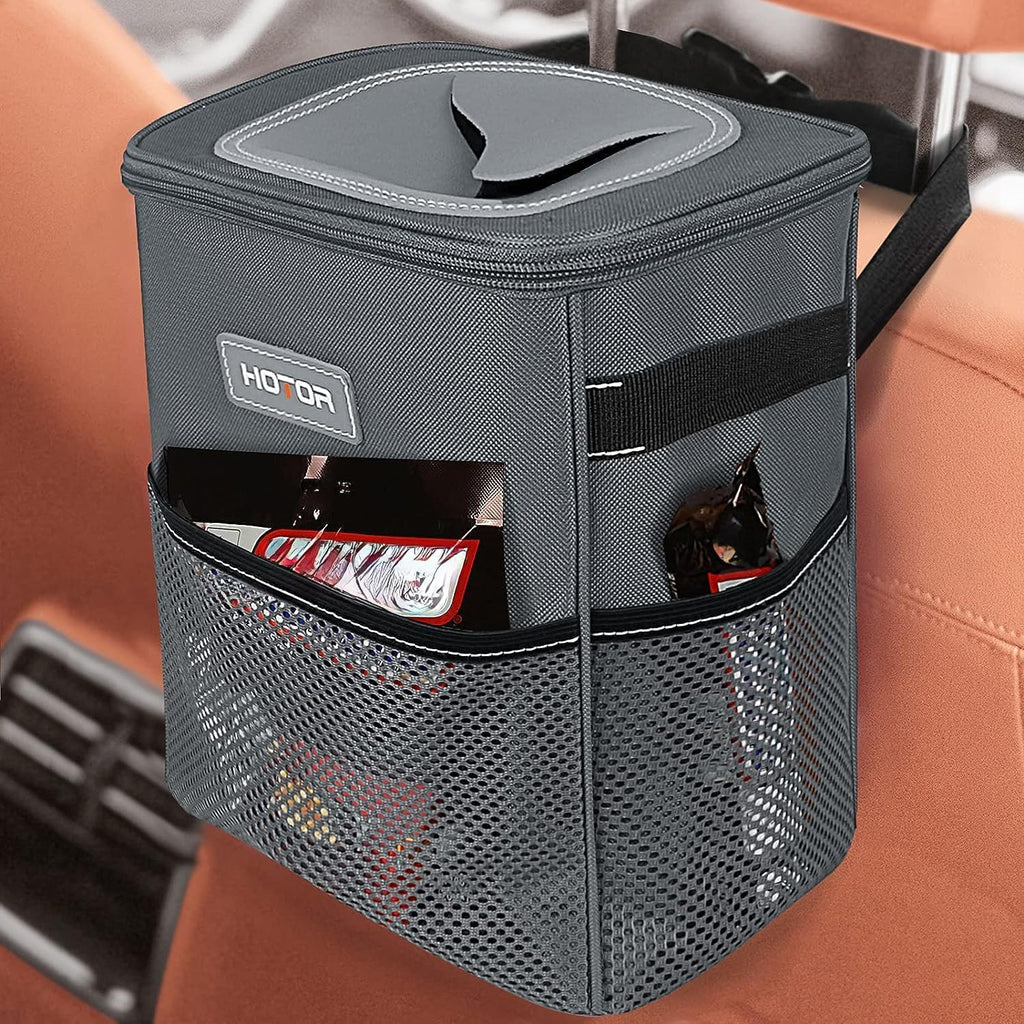 HOTOR Car Trash Can with Lid and Storage Pockets - 100% Leak-Proof Organizer, Waterproof Garbage Can, Multipurpose Trash Bin for Car, 2 Gallons, Black