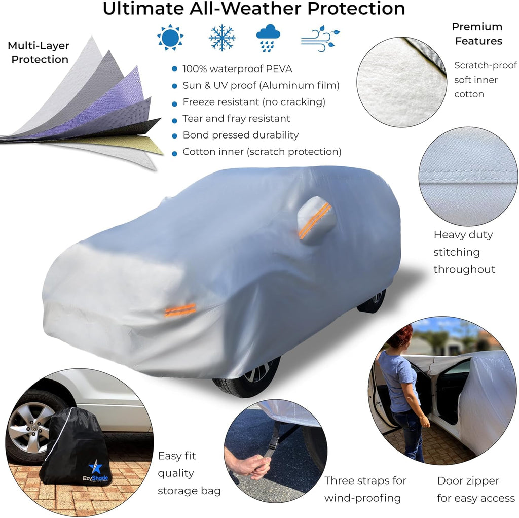 EzyShade 10-Layer Car Cover Waterproof All Weather - See Vehicle Size-Chart - Car Covers for Automobiles & Car Snow Cover - Full Exterior Covers - Winter Rain Sun SUV Sedan. Size A4 (See SizeChart)