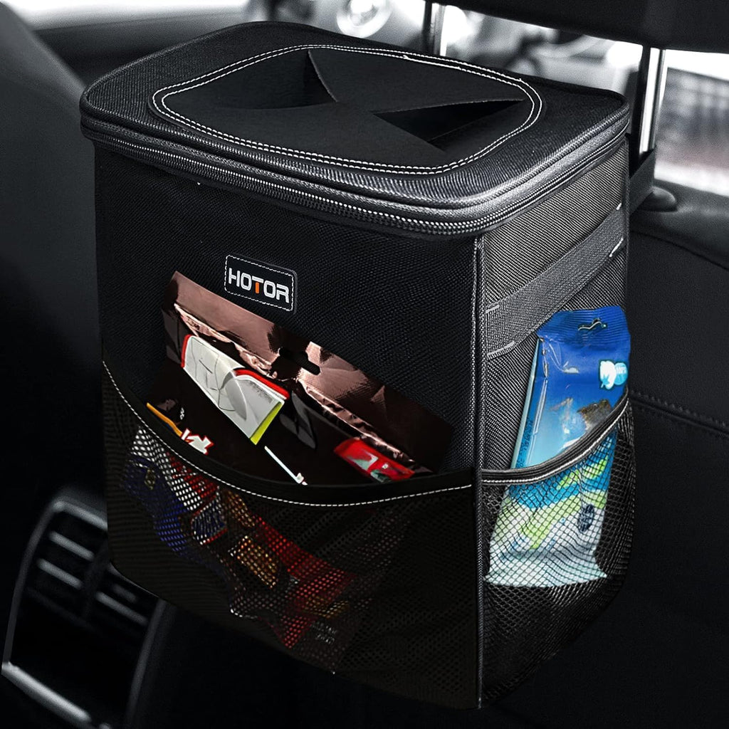 HOTOR Car Trash Can with Lid and Storage Pockets - 100% Leak-Proof Organizer, Waterproof Garbage Can, Multipurpose Trash Bin for Car, 2 Gallons, Black