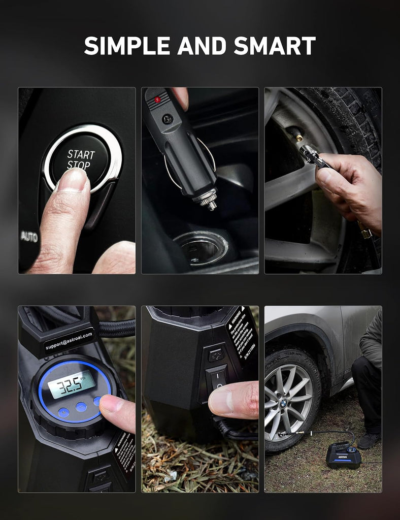 AstroAI Tire Inflator Portable Air Compressor Tire Air Pump for Car Tires - Car Accessories, 12V DC Auto Pump with Digital Pressure Gauge, Emergency LED Light for Bicycle, Balloons, Yellow