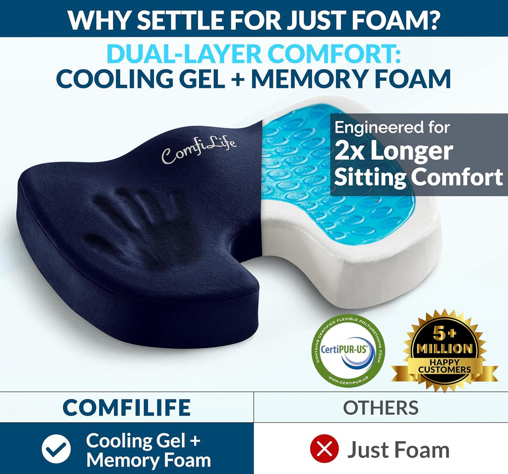 ComfiLife Premium Gel & Memory Foam Seat Cushion – Doctor Recommended Office Chair Cushion, Car Seat Cushion – Chair Cushions for Back & Sciatica Pain Relief – Seat Cushions for Office & Desk (Beige)