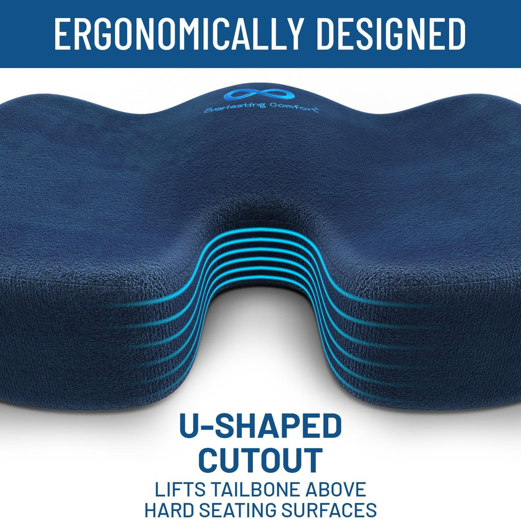 Everlasting Comfort Doctor Recommended Memory Foam Seat Cushion for Office Chairs & Car Seat - Ergonomic Office Desk Accessories for Tailbone Pain Relief, Sciatica & Back Support