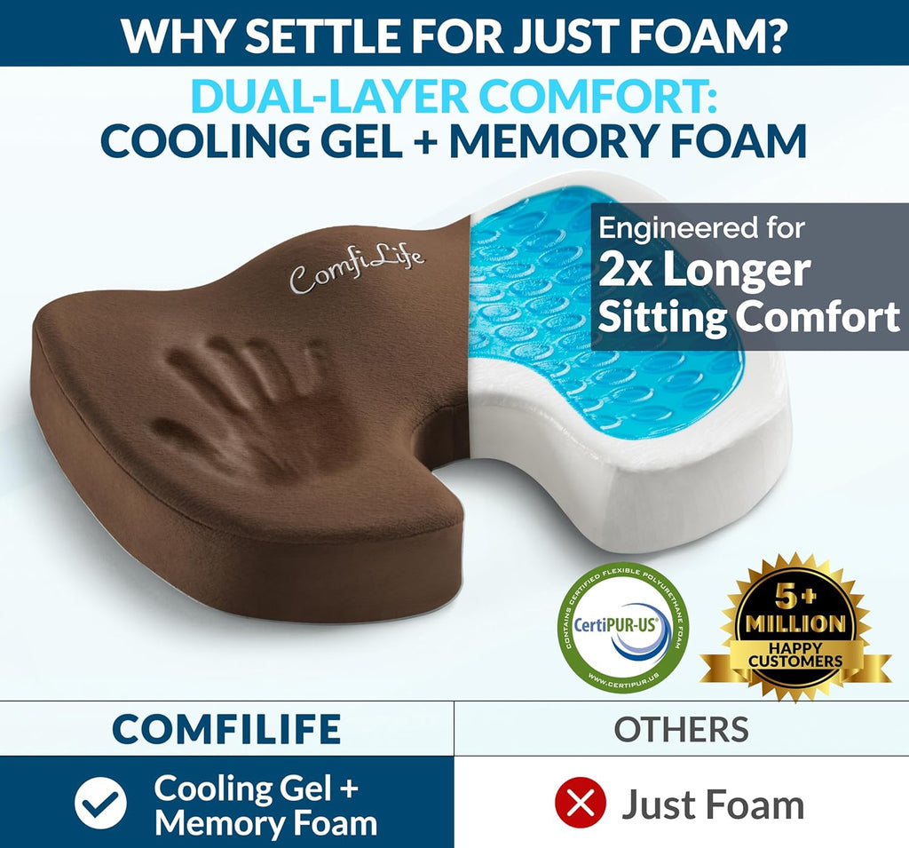 ComfiLife Premium Gel & Memory Foam Seat Cushion – Doctor Recommended Office Chair Cushion, Car Seat Cushion – Chair Cushions for Back & Sciatica Pain Relief – Seat Cushions for Office & Desk (Beige)