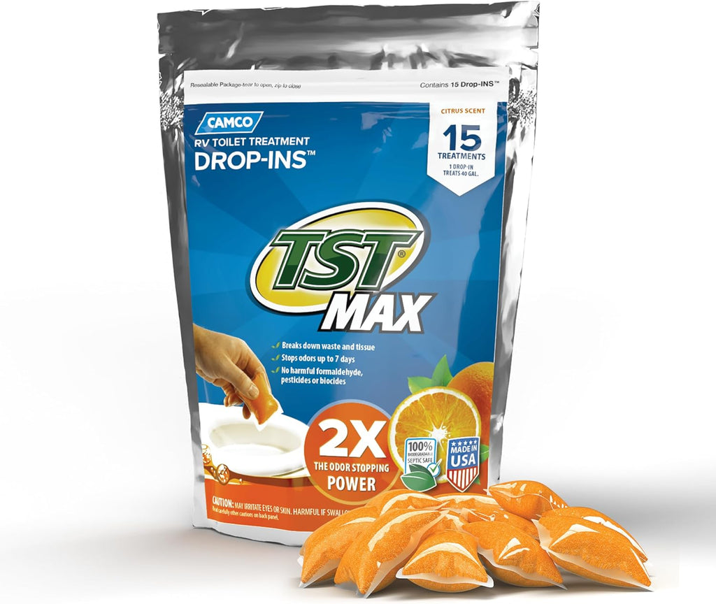 Camco TST MAX RV Toilet Treatment Drop-INs - Control Unwanted Odors & Break Down Waste and Tissue - Safe Septic Tank Treatment - Orange Scent, 30-Pack (41183)