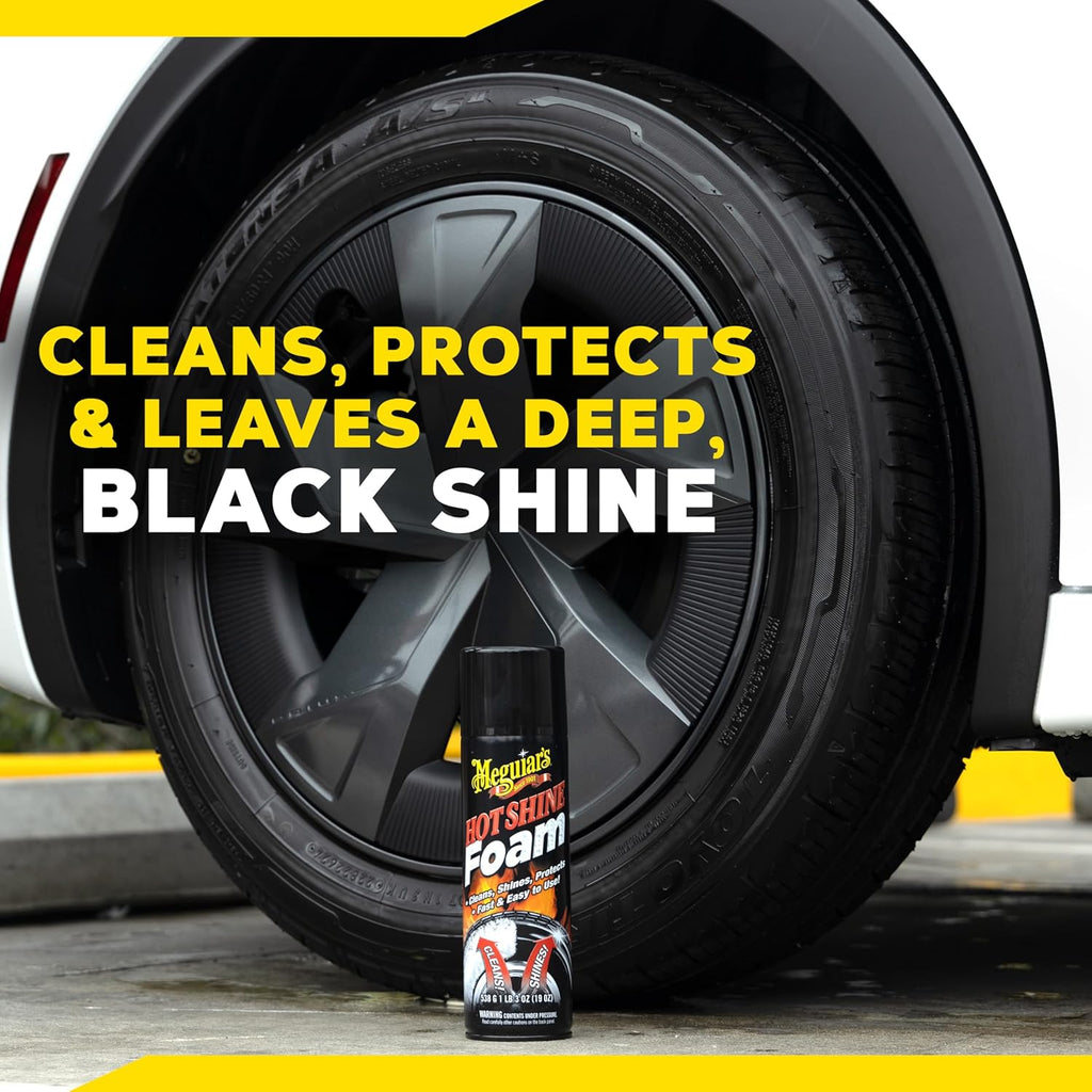 Meguiar's Hot Shine Tire Foam - High Goss Tire Shine That Cleans, Shines, and Protects in One, Deep, Black Shine with Conditioners and UV Protection to Help Keep Tires Looking Like New, 19 Oz Aerosol