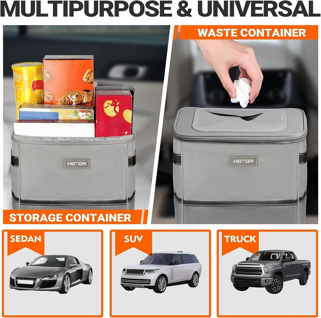 HOTOR Car Trash Can with Lid and Storage Pockets - 100% Leak-Proof Organizer, Waterproof Garbage Can, Multipurpose Trash Bin for Car, 2 Gallons, Black