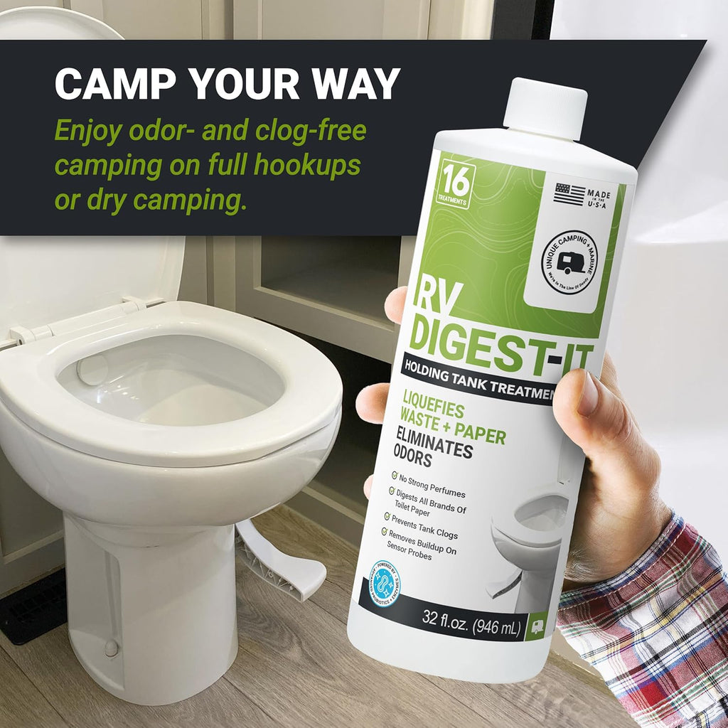 Unique RV Digest-It+ Extra-Strength Ultra-Concentrate - 32 RV Toilet Treatments - Eliminates Smells and Liquifies Waste (32 oz)