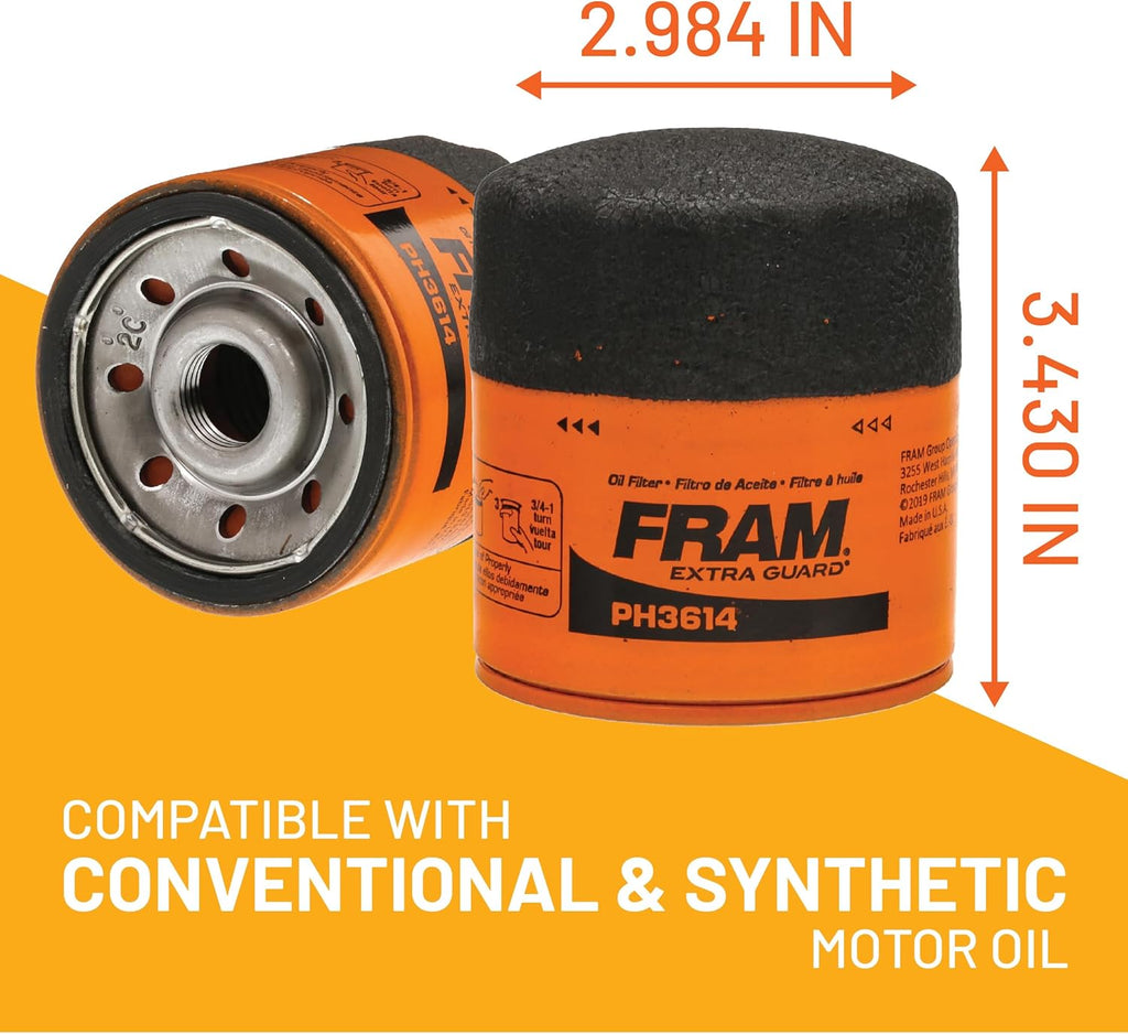 FRAM Extra Guard PH3614 10K Mile Change Automotive Replacement Interval Spin-On Engine Oil Filter for Select Vehicle Model Years, Vehicle Engine Protection Oil Filter for Everyday Drivers