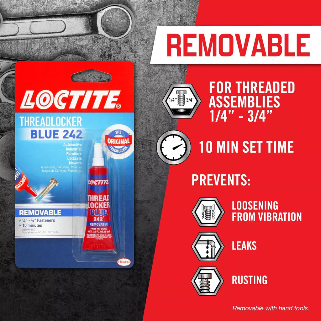 Loctite Threadlocker Blue 242 - Removable Thread Lock Glue for Nuts, Bolts, & Fasteners, Medium Strength Screw Glue to Prevent Loosening & Corrosion - 6 ml, 1 Pack