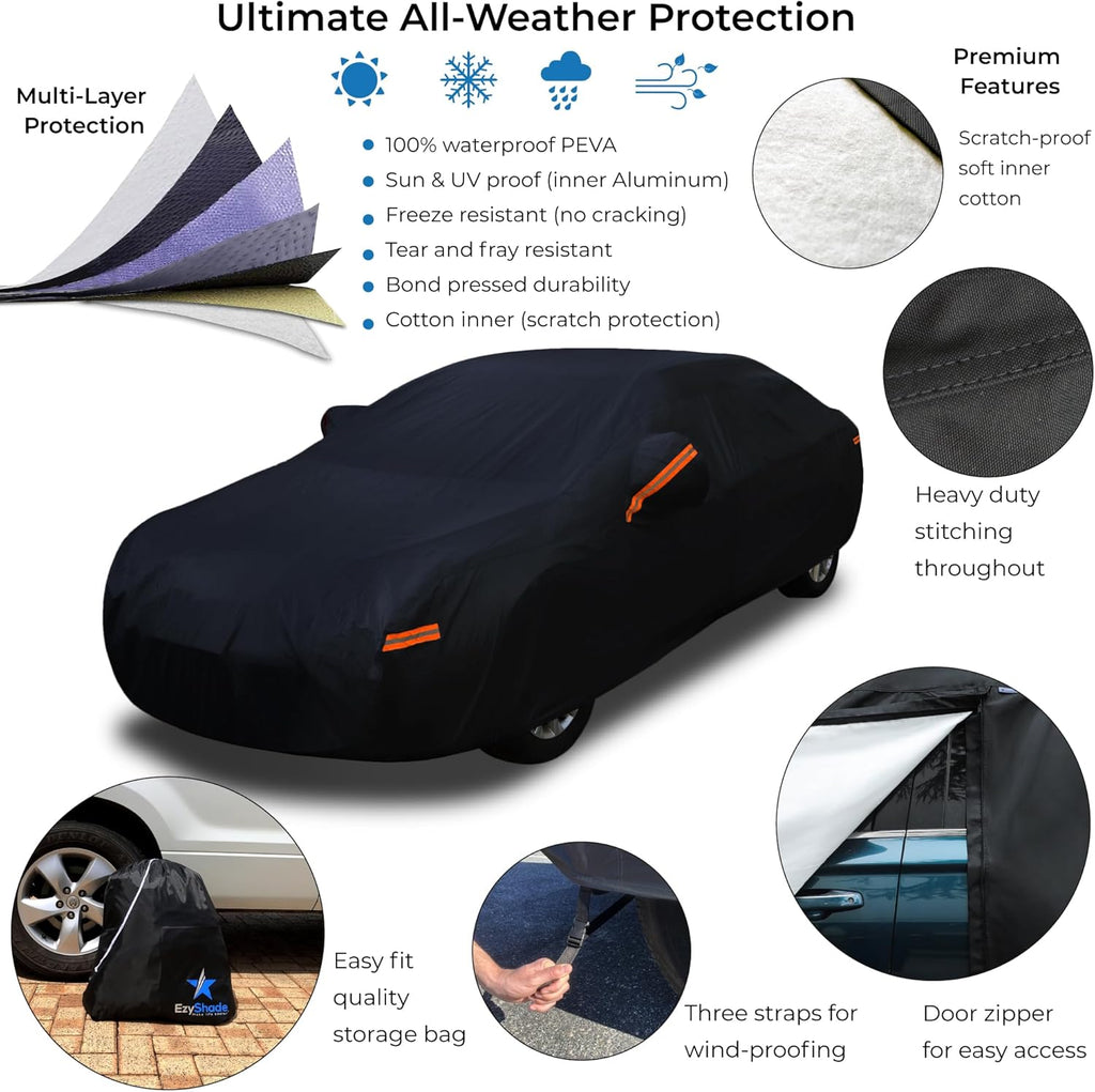 EzyShade 10-Layer Car Cover Waterproof All Weather - See Vehicle Size-Chart - Car Covers for Automobiles & Car Snow Cover - Full Exterior Covers - Winter Rain Sun SUV Sedan. Size A4 (See SizeChart)