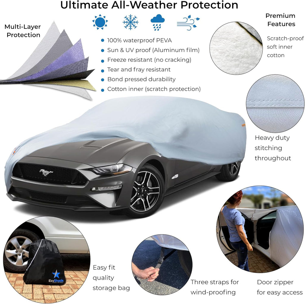 EzyShade 10-Layer Car Cover Waterproof All Weather - See Vehicle Size-Chart - Car Covers for Automobiles & Car Snow Cover - Full Exterior Covers - Winter Rain Sun SUV Sedan. Size A4 (See SizeChart)