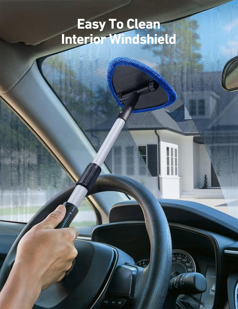 AstroAI Windshield Cleaner Tool, Car Interior Detailing Cleaning Kit with Extendable Handle and 4 Reusable Microfiber Pads, Auto Glass Wiper Brush Kit, Cars, Trucks, SUVs, Gray