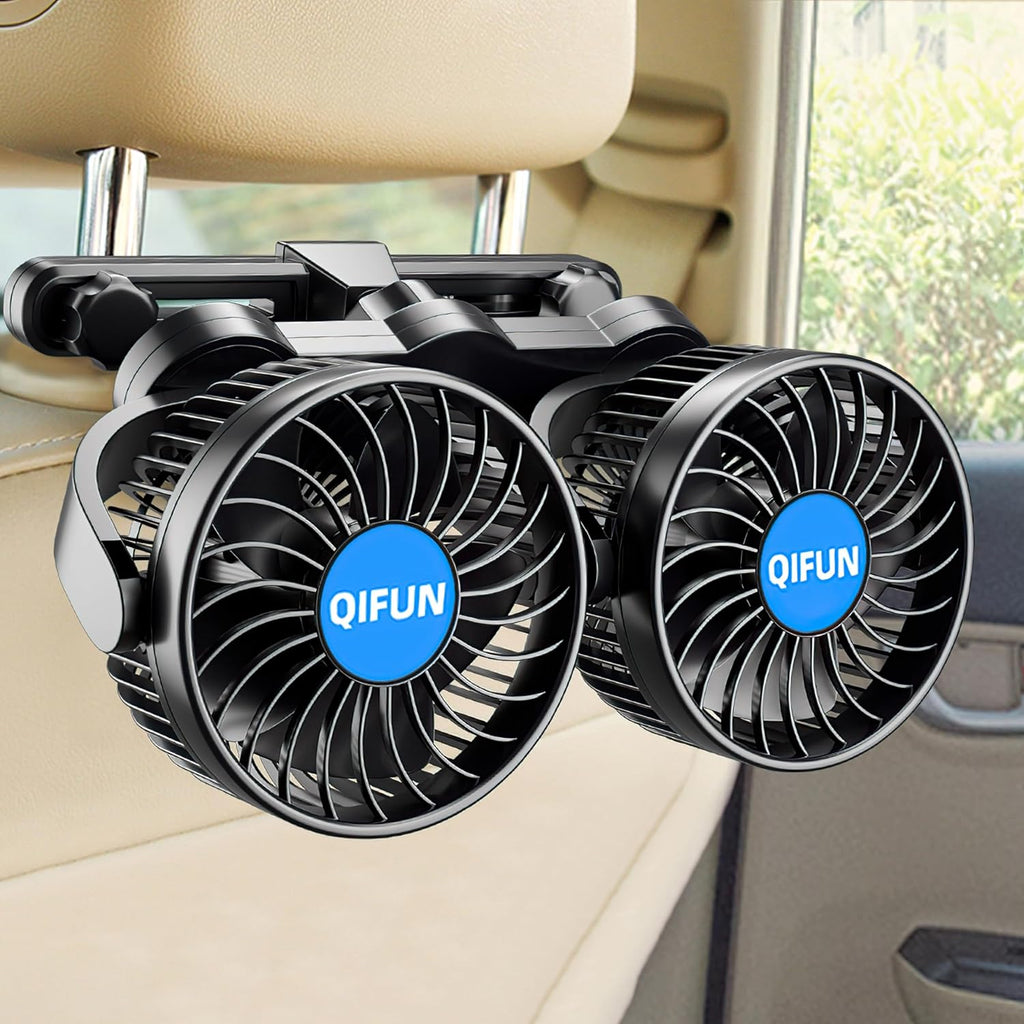Car Fan Adjustable Dual Head 12V 360° Rotatable 4 Inches Car Clip Fan for Front/Rear Seat Passenger Car Essentials Cooler with Stepless Speed Regulation for Vehicle SUV, RV