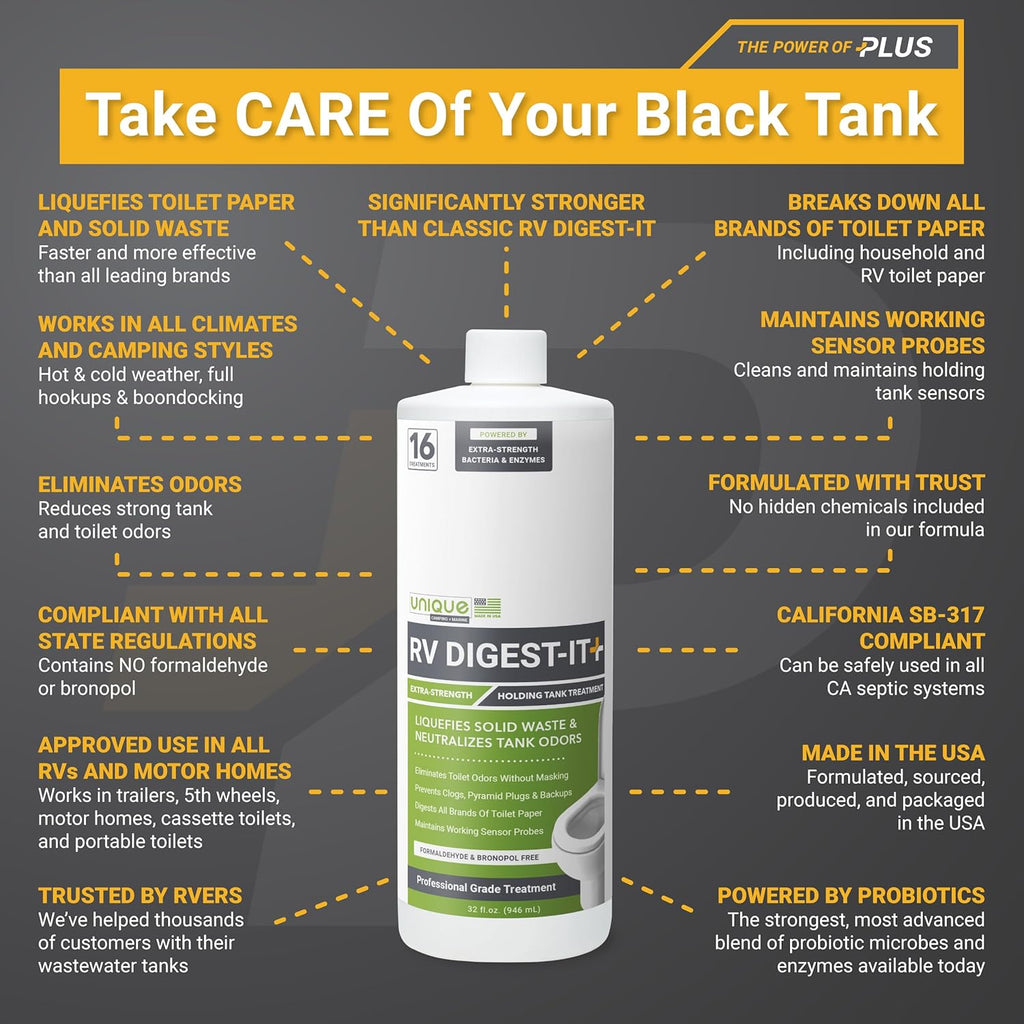 Unique RV Digest-It+ Extra-Strength Ultra-Concentrate - 32 RV Toilet Treatments - Eliminates Smells and Liquifies Waste (32 oz)