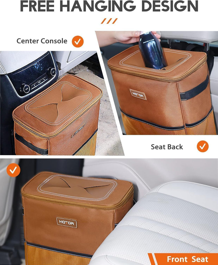 HOTOR Car Trash Can with Lid and Storage Pockets - 100% Leak-Proof Organizer, Waterproof Garbage Can, Multipurpose Trash Bin for Car, 2 Gallons, Black